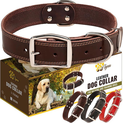 ADITYNA Heavy Duty Leather Dog Collar for Large Dogs - Soft and Strong Leather Dog Collar for Walking, Training, Hiking, Hunting, and Running (Large: Fit 17" - 23" Neck, Brown)