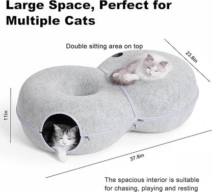 8-Shaped Large Cat Tunnel Bed for Indoor Cats, Infinite Circulation Peekaboo Cat Cave with 12 Toy Balls, Cat Donut Tunnel for Cats up to 30 Pounds (Light Grey, L 38x24x11in)