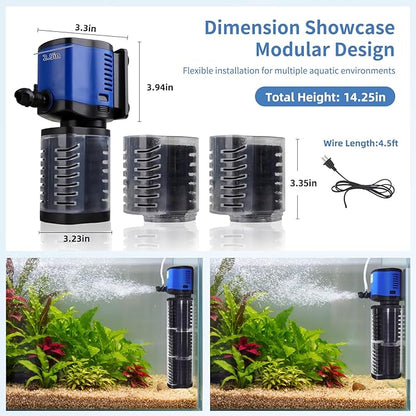 TARARIUM Aquarium Filter 400GPH for 55-200 Gallon Fish Tank, Biochemical Quiet Submersible Internal Powerful Pump Air Supply, Wave Maker 4 in 1, Small Ponds, Saltwater & Freshwater Crystal Clear