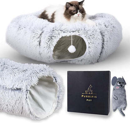 Cat Tunnel Bed for Indoor Cats with Premium Soft Fabric Interior - Upgraded Materials - Large Donut Cat Tunnel, Cat Cave and Hiding Spot, Kitten Doughnut Tunnel, Tunnel Toy Bundle for Cats