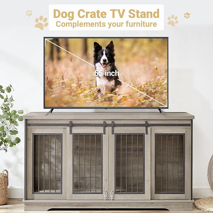 Rovibek 61 Double Dog Crate Furniture for 2 Dogs, Large Double Dog Kennel Furniture TV Stand, Furniture Style Dog Crates End Table, Wood Crates for Dogs Kennel Indoor Grey