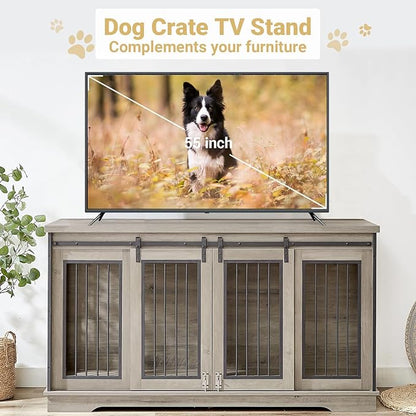 Rovibek 61 Double Dog Crate Furniture for 2 Dogs, Large Double Dog Kennel Furniture TV Stand, Furniture Style Dog Crates End Table, Wood Crates for Dogs Kennel Indoor Grey