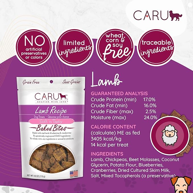 Caru - Soft n Tasty Baked Bites - Lamb Bites Dog Treats - Flavorful Training Treats - 4 oz Bags - Pack of 3