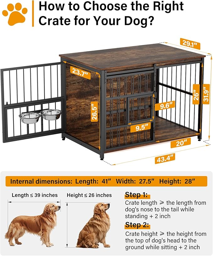 XL Dog Crate Furniture for Large Dogs, Barn Door Dog Crate with Interactive Window for Anxiety Dogs, 360°Rotatable & Elevated Dogs Bowls, Wooden Dog Kennel Furniture, Dog Cage Furniture Indoor