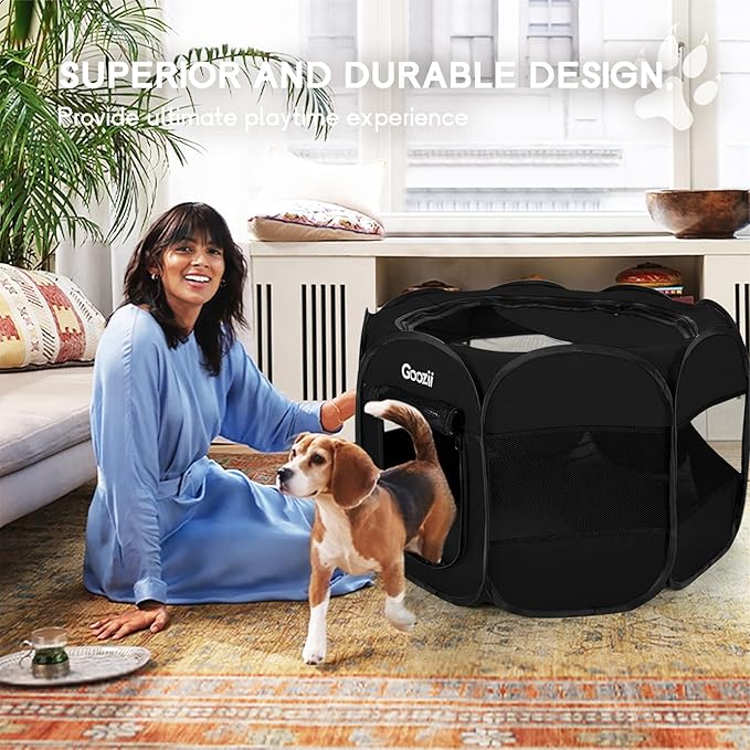 Puppy Playpen Indoor for Small Dogs, Portalble Pet Dog Play Pens Kennel Crate with Top Cover Floor Door Enclosed for Large Cats Animal as Dog Lovers (Black, Medium Size)