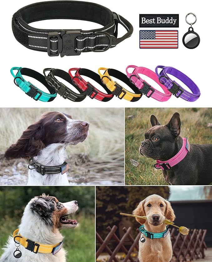 Reflective Dog Collar, AUBEEL Tactical Dog Collar for Medium Large Dogs, Heavy Duty Dog Collars with Handle and Metal Buckle Great for German Shepherd, with Airtag Holder and 2 Patches(Black, L)