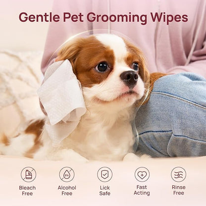 HICC PET Cleaning Deodorizing Wipes for Dogs & Cats, Vet Recommended Nourishes Smoothes Fur Pet Grooming Wipes with Fermented Coconut Oil, Hypoallergenic Dog Wipes for Paws and Butt, Face, Body