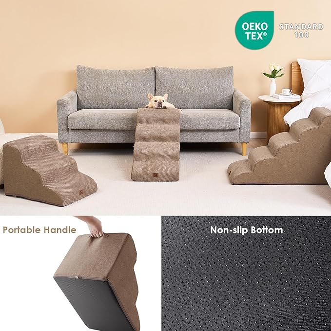 EHEYCIGA Curved Dog Stairs Ramp for High Beds 19.7" H, 4-Step Dog Steps for Small Dogs and Cats, Pet Stairs for High Bed Climbing, Non-Slip Balanced Pet Step Indoor, Camel