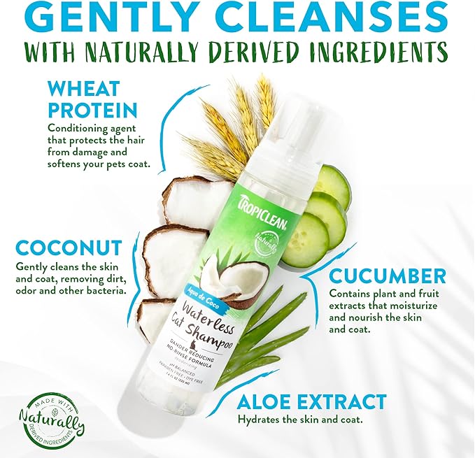 TropiClean No Rinse Waterless Cat Shampoo | Dandruff Treatment | Moisturizing Dry Shampoo for Dry Skin | USA Made | Aqua de Coco Scent | 7.4oz.