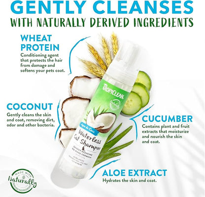 TropiClean No Rinse Waterless Cat Shampoo | Dandruff Treatment | Moisturizing Dry Shampoo for Dry Skin | USA Made | Aqua de Coco Scent | 7.4oz.