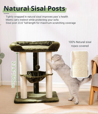 Happi N Pets 28" Large Cat Tree Tower for Indoor Cats, Cat Scratch Post with Large Bed for Maine Coon Big Cats, Sisal Cat Scratcher with Soft Perch & Hammock, Stable Cat Stand, Removable Cover-Green