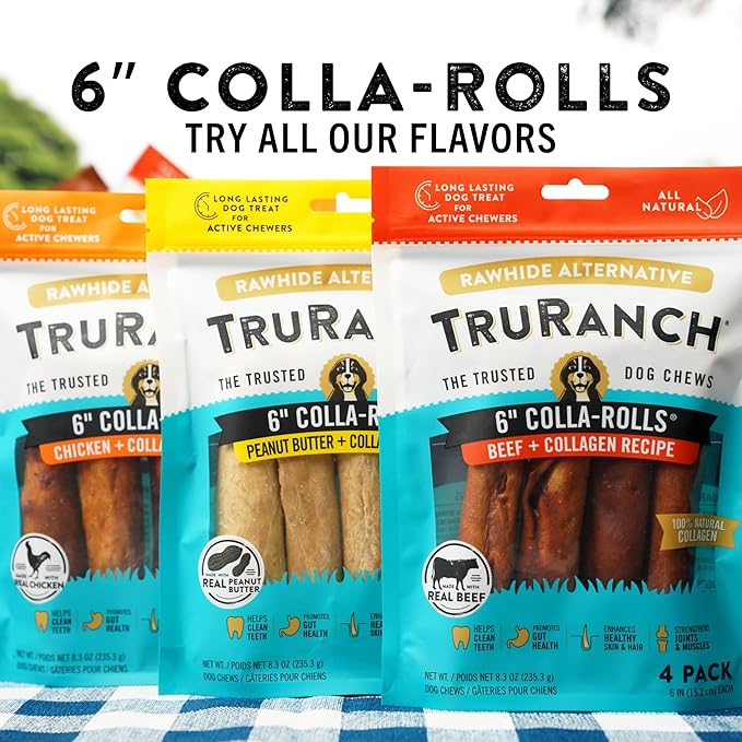 TRURANCH Collagen Rolls - 6" Collagen Rolls for Dogs - Long Lasting Healthy Joint Support - Rawhide Alternative - Skin & Coat Health - Made with Real Chicken, Value Pack, 15 Bags, 60 Count