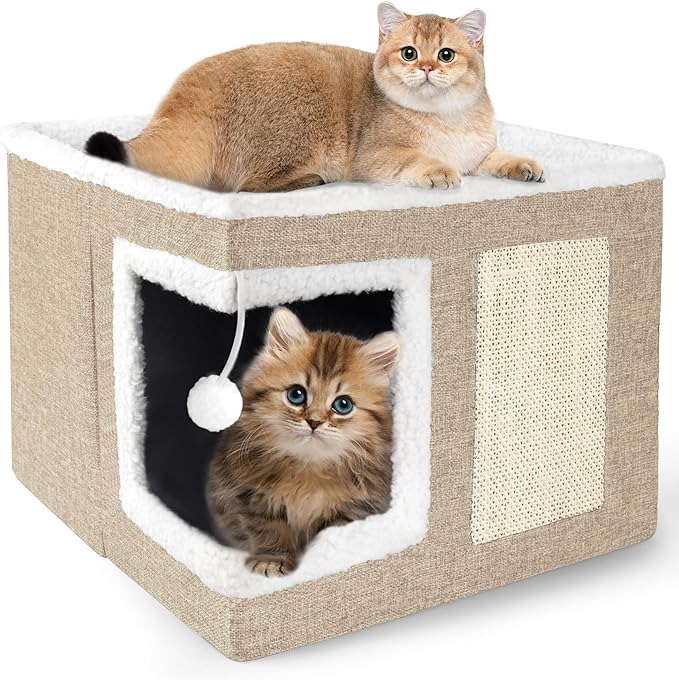 Cat Houses for Indoor Cats - Large Cat Bed Cave with Scratch Pad and Fluffy Ball, Foldable Cat Condo Hideaway with Reversible Cushion for Multi Small Pet, Khaki