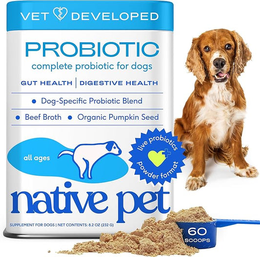 Native Pet Probiotics for Dogs - Dog Probiotics Powder for Digestive Health, Gut Support, & Immune Boost  Vet-Formulated Powder for Maximum Potency with Digestive Enzymes & Prebiotics - 60 Scoops