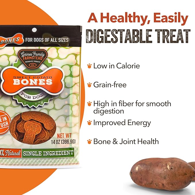 Gaines Family Farmstead Sweet Potato Dog Bones, All-Natural, Grain Free, Dog Treats for All Ages & Breeds, Made in The USA, 14 Ounce Bag