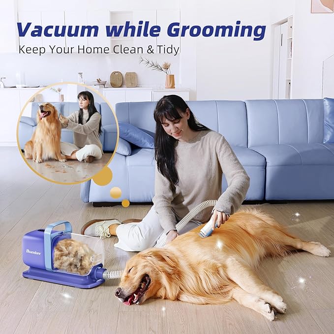 Dog Grooming Kit with Pet Grooming Vacuum, Dog Clipper, Pet Grooming Shedding Brush, Cleaning Tool in 1, Low Noise Dog Vacuum for Dogs Cats (Blue)