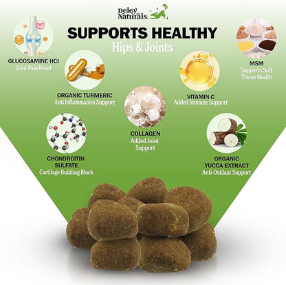 Deley Naturals Hip and Joint Supplement for Dogs - Glucosamine for Dogs with MSM, Turmeric, Chondroitin & Collagen Supplements - Joint Support Chews for Mobility, Flexibility & Comfort - 120 Chews