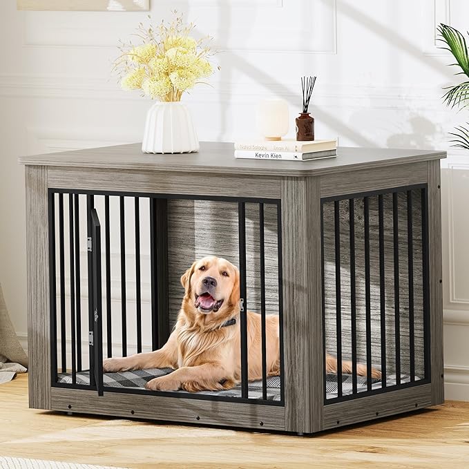 YITAHOME 43.7" L Dog Crate Furniture for Large Dogs, 2-in-1 Iron-Wood Fusion Dog Cage Indoor up to 80 lb, Modern Dogs Kennel Side End Table with Waterproof Top, Safety Corners, Steel Lock, Greige