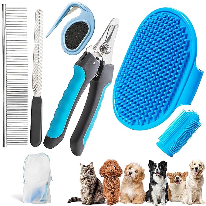 6 PCS Grooming Kit for Dogs Cats Comb Deshedding Dog Brush Pet Knot Opener Cleaning Slicker Brush Nail Clipper Toothbrush Pet Hair Removal Tool Washing Supplies for Small Medium Large Dog Cat
