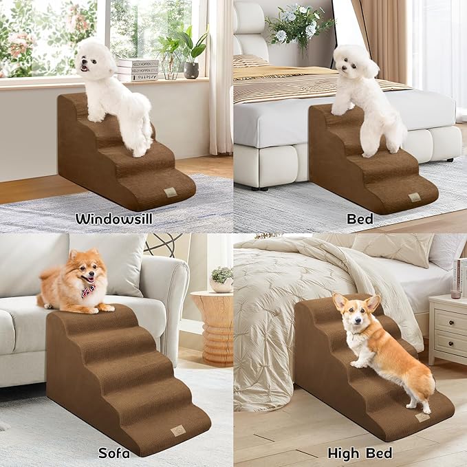 Mestuel Dog Stairs for High Bed 22.8'' H, 5 Steps Dogs Stairs for Bed, Pet Stairs for Small Large Dogs to Couch, Pet Ladder with High Density Foam, Non-Slip Balanced Dog Ramp, Brown