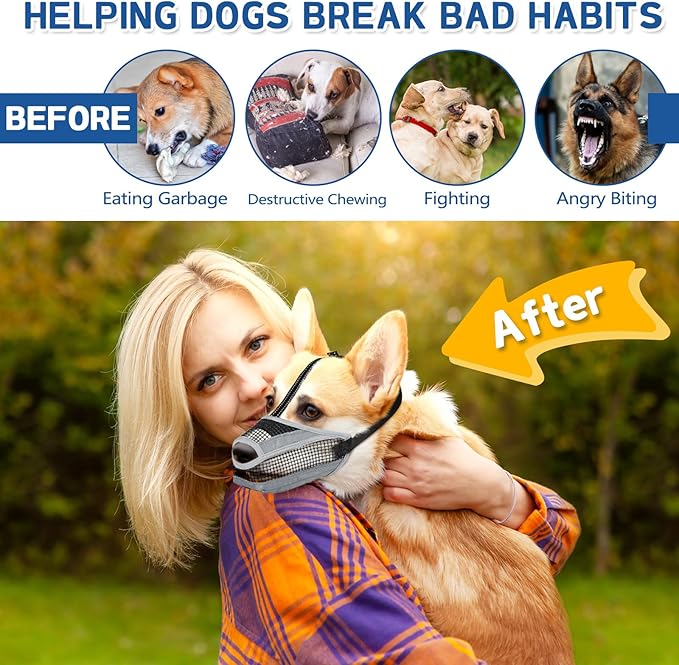 Dog Muzzle for Large Medium Small Dogs, Soft Mesh Muzzle for Dogs with Reflective Adjustable Strap, Prevent Biting Chewing and Licking, Dog Nose Open Design for Reduction Friction (Grey, XL)