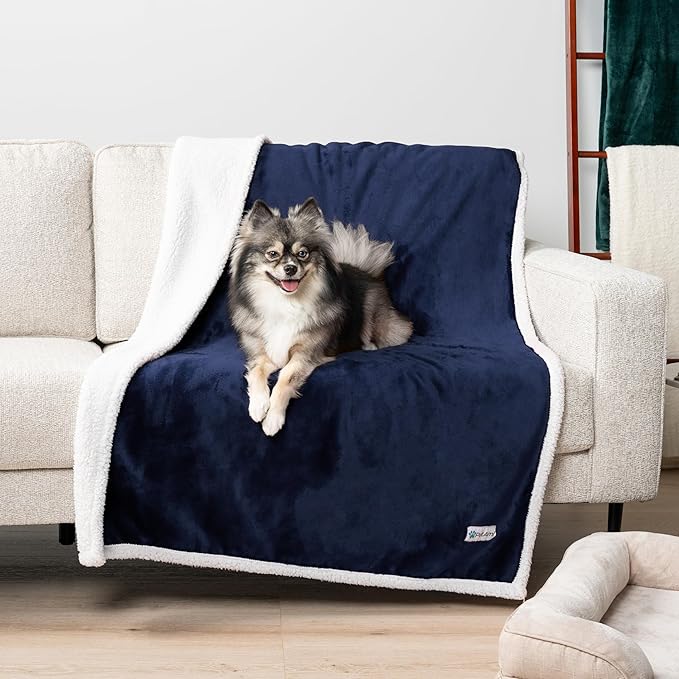 PetAmi WATERPROOF Dog Blanket for Medium Large Dog, Pet Puppy Blanket Couch Cover Protection, Sherpa Fleece Cat Blanket, Sofa Bed Furniture Protector Reversible Soft Plush Washable, 60x40 Navy Blue