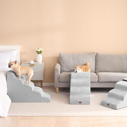 EHEYCIGA Curved Dog Stairs Ramp for High Beds 19.7" H, 4-Step Dog Steps for Small Dogs and Cats, Pet Stairs for High Bed Climbing, Non-Slip Balanced Pet Step Indoor, Light Grey