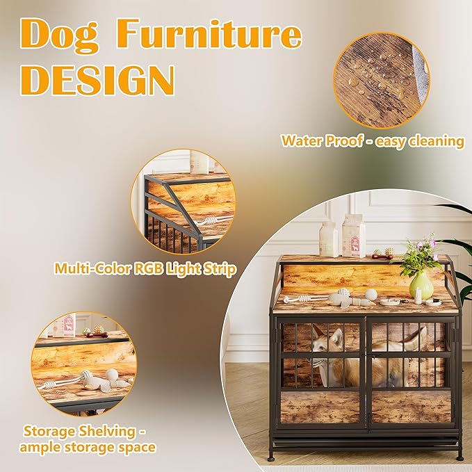 31.5 Inch Dog Crate Furniture with LED Lights and Shelf for Small Medium Dogs, Wooden Heavy Duty Dog Kennel with Double Doors and Removable Tray,Decorative Pet House Dog Cage End Table Coffee Tables