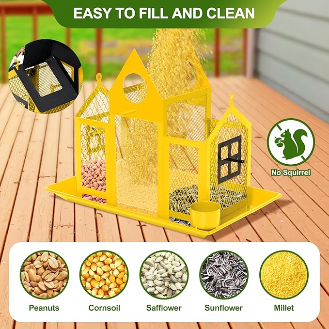 Solar Bird Feeders House for Outdoors Hanging, 7LBS Large Capacity Metal Wild Bird Feeder Squirrel Proof for Outside with Water Cup, Cardinal Birdfeeder Birdhouses Gift for Bird Lovers (Yellow)