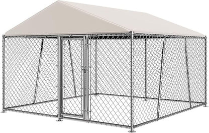 10 x 10FT Large Outdoor Dog Kennel with Roof, Dog Kennel Outside with Waterproof Cover, Galvanized Heavy Duty Chain Link Dog Runs Cage Playpen for Outside with Secure Lock