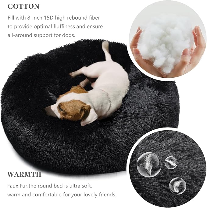 Dog Beds for Medium Dogs Washable Calming Bed for Dogs 28 Inches Black Fluffy and Soft Dog Bed Calm and Anti Anxiety Faux Fur Round Medium Sized Pet Bed for Dog