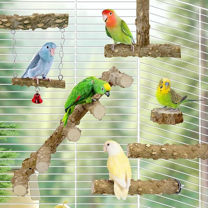 BNOSDM Natural Wood Bird Ladder Perch 6Pcs Parrot Stand Branches Climbing Chewing Stick Parakeet Swing Toys Cage Accessories Paw Grinding Fork Sets for Lovebirds Cockatiels Conure Budgies