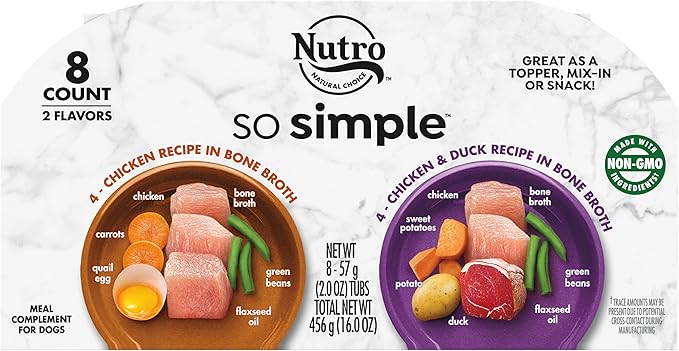 Nutro So Simple Meal Complement Wet Dog Food Chicken and Chicken & Duck Recipes in Bone Broth 8-Count Variety Pack, 2 oz. Tubs