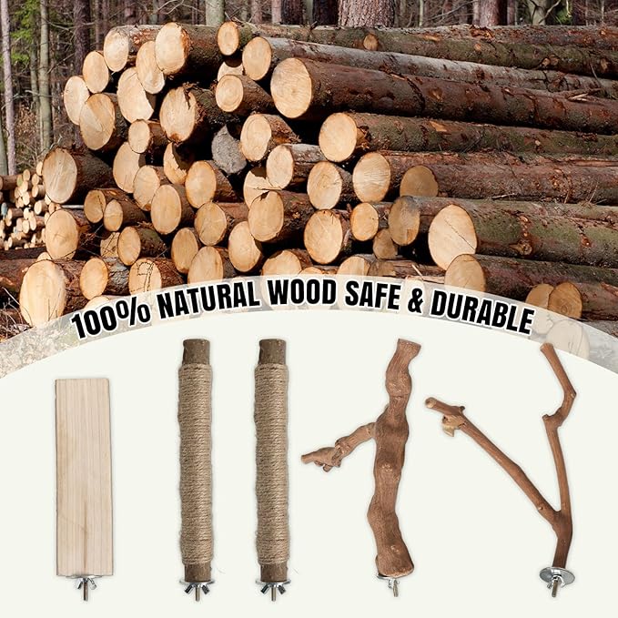 REHALY Large Bird Perch Stand, 5PCS Bird Perch Set - Natural Wood Grape Sticks, Paw Grinding Forks, Stand & Toys for Parakeets, Cockatiels, Conure, Budgies, Birds Cage Accessories