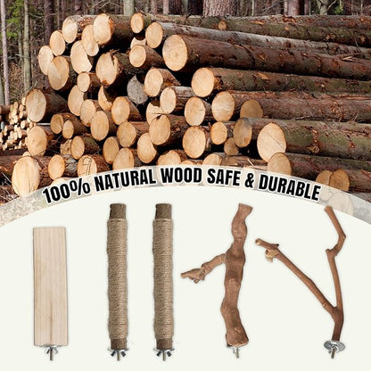 REHALY Large Bird Perch Stand, 5PCS Bird Perch Set - Natural Wood Grape Sticks, Paw Grinding Forks, Stand & Toys for Parakeets, Cockatiels, Conure, Budgies, Birds Cage Accessories