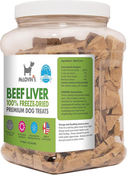 McLovin's Pet Freeze Dried Raw Beef Liver Dog Treats and Toppers, 12 oz. Canister - Single Ingredient, Grain-Free, Gluten-Free, High-Protein Treat  Healthy Dog Training Treats