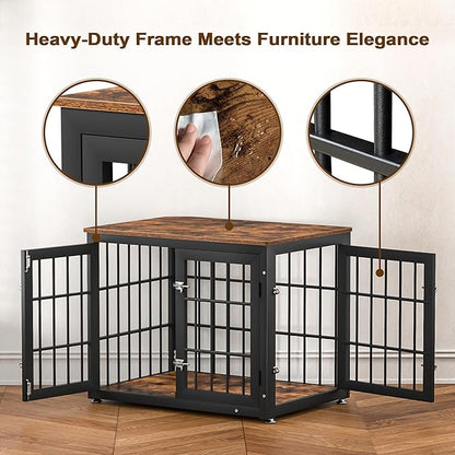 32 Inch Heavy Duty Dog Crate Furniture for Medium and Small Dogs, Decorative Pet House End Table, Wooden Cage Kennel Furniture Indoor, Rustic Brown