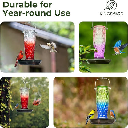 Kingsyard Bird Water Feeder for Outside, 24 Ounce, Glass Bird Water Dispenser with Metal Hanging for Garden Yard Outside Decoration, Red Gradient