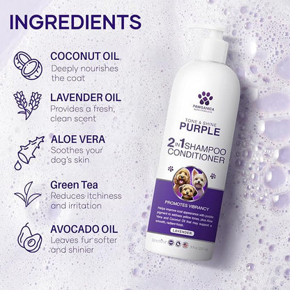 Pawganica 2-in-1 Purple Shampoo for Dogs, Supports Coat Whitening & Softness, pH-Balanced, Fur Whitening Dog Shampoo and Conditioner, Shampoo for Smelly Dogs 8 fl oz
