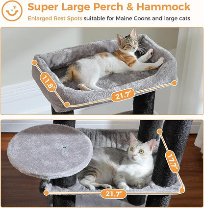 PETEPELA Cat Tree for Large Cats up to 30 lbs, 58" Heavy Duty Cat Tower with Reinforced Scratching Posts[ φ3.9”], Large Hammock, Spacious Condo & Top Perch, Sturdy Cat Furniture for Maine Coons, Black