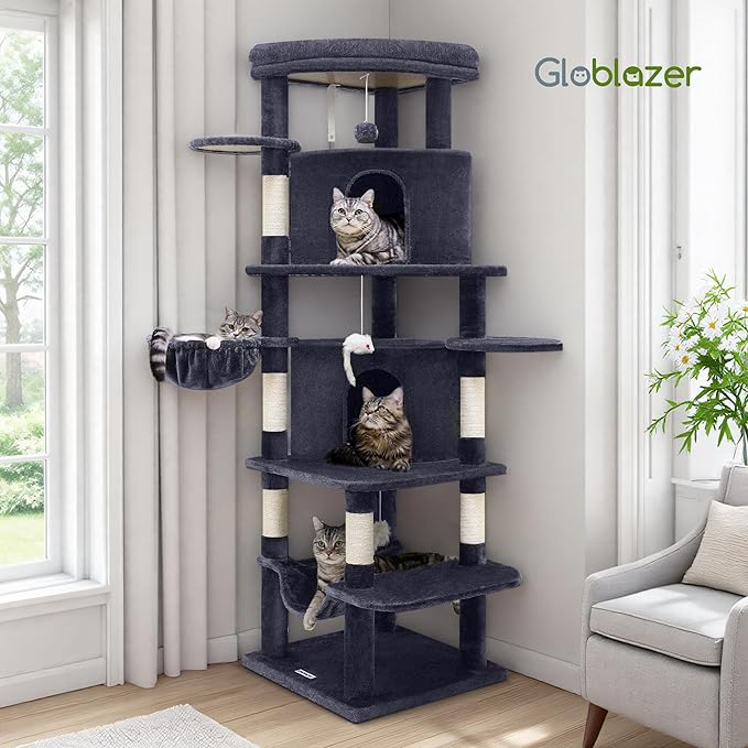 Globlazer Corner Cat Tree for Large Cats, 66inch Tall Curved Series Large Cat Tower for Multiple Indoor Cats with 6 Scratching Posts, 2 Spacious Cat Condos, Hammock, Hanging Basket, C66, Dark Grey