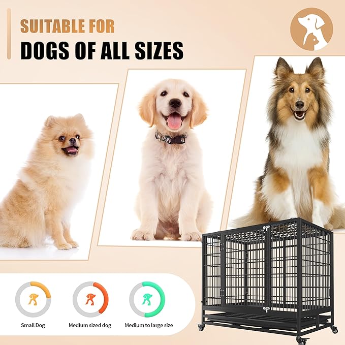38" Heavy Duty Dog Crate,Robust Stable Dog Kennel,Suitable for High Anxiety Escape Proof Dog Crate,Two-Door Design Small Dog Crate with Locking Wheels,for Small Dog,Black.