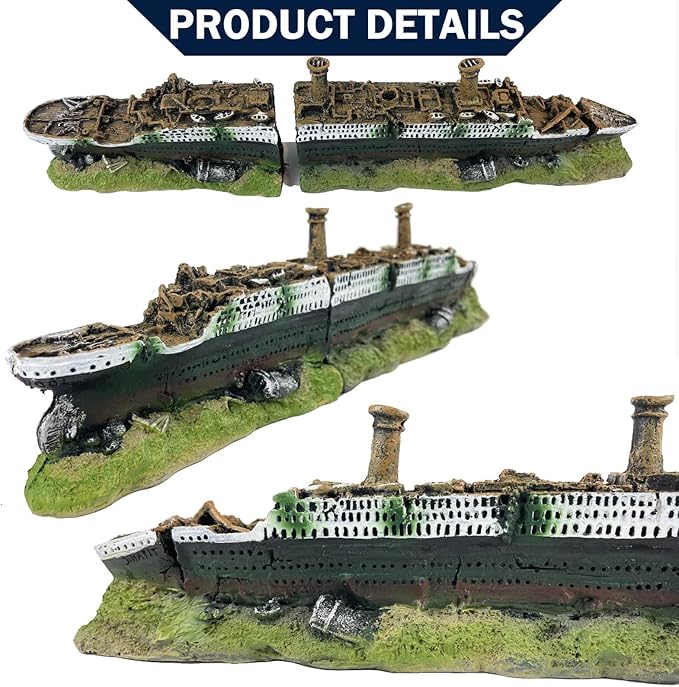 Titanic Shipwreck Aquarium Decorations Ship Wreckage Aquarium Ornament for Fish Tank Sunken Ship Ornament Aquarium Environment Friendly Decorations – Medium （White）