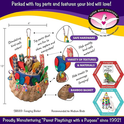 Super Bird Creations SB669 Wicker Foraging Basket Bird Toy for Parrots Cockatiels Ringnecks Medium Conures Quakers,Caiques Pionus - Crunchy Multi-Colored Textures - Medium Bird Size, 10” x 4” x 5”