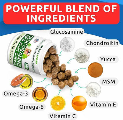 BARK&SPARK Glucosamine Chondroitin Dog Hip & Joint Supplement - Joint Pain Relief - Hip & Joint Chews - Joint Support Large Small Breed - Senior Doggie Vitamin Pill Joint Health (180 Treats - Bacon)