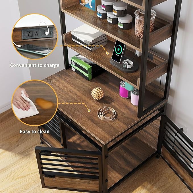 DWVO Dog Crate Furniture with Storage Shelves, Heavy Duty Dog Crate with Charging Station, 39 Inch Dog Kennel Indoor Furniture for Large Dogs, Modern Decorative Dog Crate with Double Doors, Brown