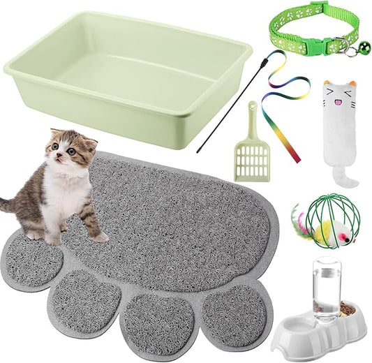 7 Pcs Small Cat Kitten Starter Kit Cat Litter Box with Shovel Paw Litter Mat Double Automatic Kitten Bowls Toy Teaser Stick Collar Essentials Kits for 1-3 Lbs Beginner(Simple,Green)