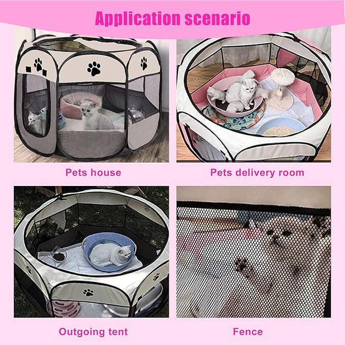 Cat Playpen Indoor, Portable Pet Play Pen for Outdoor Cat, Pink Kitten Birthing Box Exercise Playpen Tent, Waterproof Travel Dog House Kennel Camping Cage for Small Dog Animal House