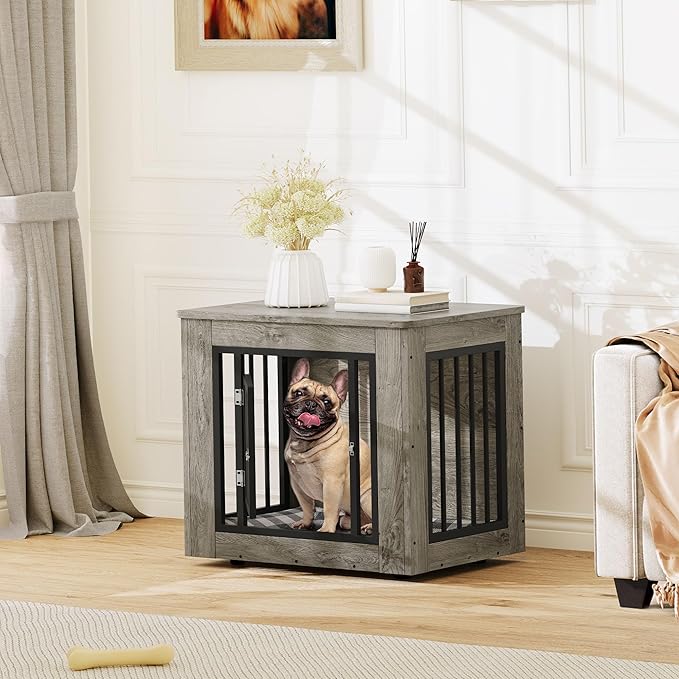 YITAHOME 27.2" L Dog Crate Furniture for Medium Dogs, 2-in-1 Iron-Wood Fusion Dog cage Indoor up to 30 lb, Side End Table, Modern Dogs Kennel with Waterproof Top, Safety Corners,Steel Lock,Grey