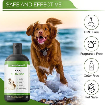 Hypoallergenic Dog Shampoo, Cleans and Soothes Dry Flakey Skin, Reduce Dandruff, Shedding, Calms Itching, Scratching, Organic Aloe & Manuka Honey Softens Fur Moisturizes and Deodorizes